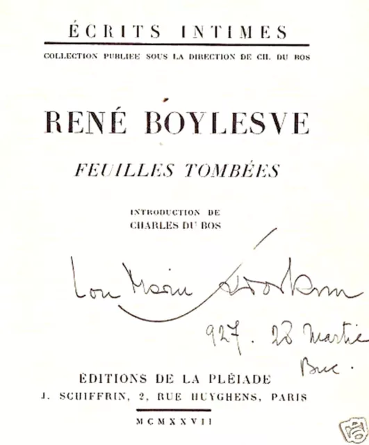 Rene Boylesve. Feuilles tombees. ex. 708/2600, 1st ed. 1927, French