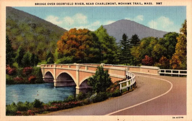 Mohawk Trail MA-Massachusetts Bridge Deerfield River Landscape Vintage Postcard