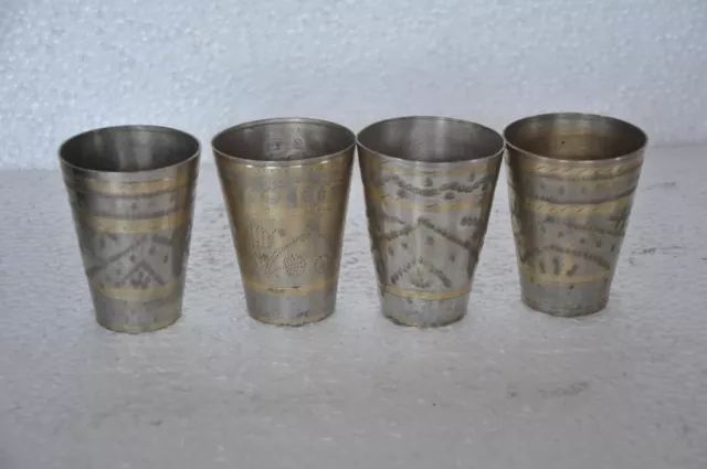 4 Pc Old Brass Small Inlay Engraved Handcrafted Unique Lassi / Milk Glass