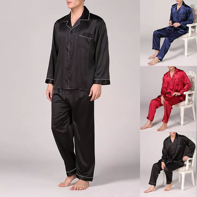 Mens Silk Satin Pajamas Pyjamas Casual Loungewear Sleepwear Home Set Nightgown