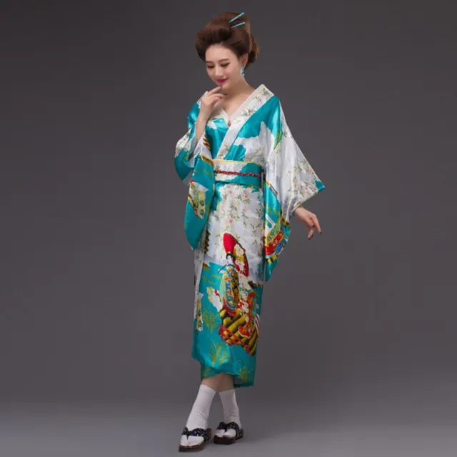 Japanese Lady Kimono Satin Floral Yukata Bride Nightgown Pajama Dress Costumes