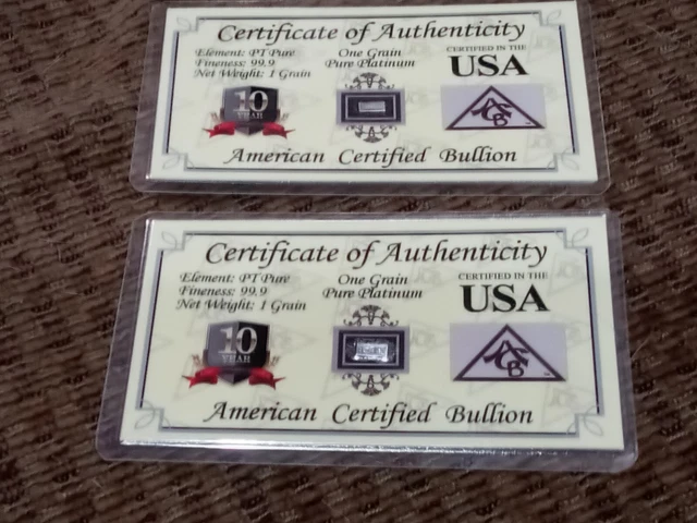 2 - Platinum SOLID BULLION 1 GRAIN PT BAR 999 Pure with Certificate|...
