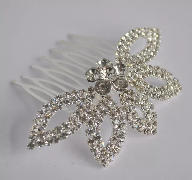 Diamante hair comb. Silver plated clear crystal half flower. Wedding/bridal. UK