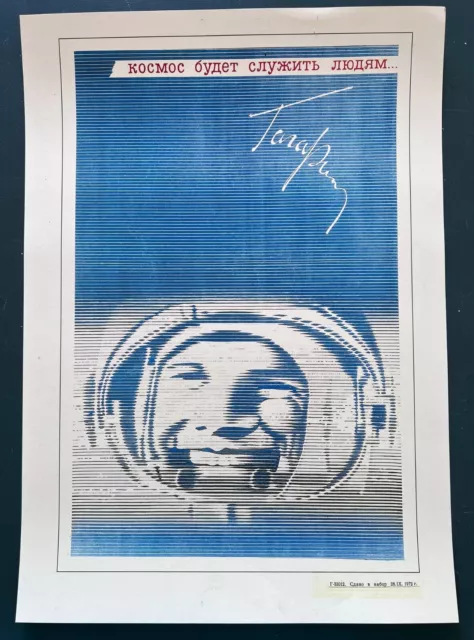 1972 Gagarin Rocket Cosmonaut Spazio Poster Originale Russo Sovietico 30x40 Raro