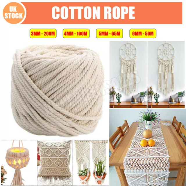 3/4/5/6mm 200M Natural Cotton Twisted Cord Craft Macrame Artisan Rope String NEW