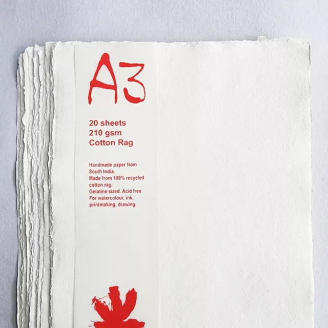 Khadi White Cotton Paper Pack 210gsm A3 20 Sheets. Artists Handmade Paper.