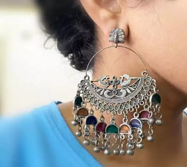 Ethnic Bollywood Style Boho Afghani Silver Oxidized Long Earrings Indian Jewelry