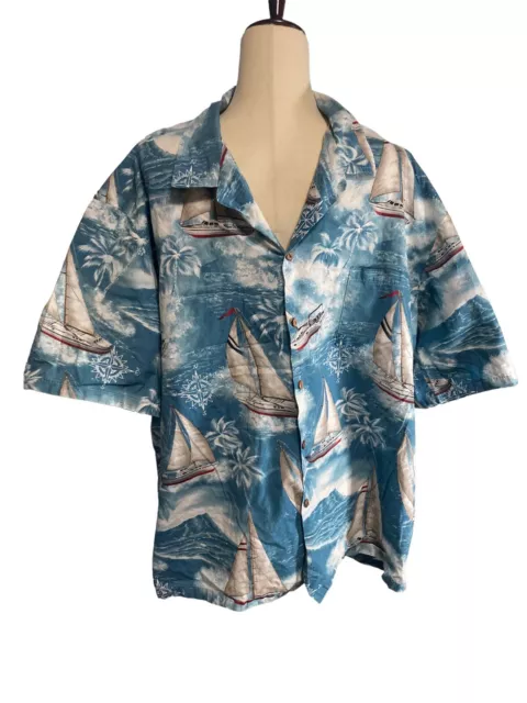 Hawaiian Shirt Sailboat Yatch Compass￼ Palm Island Waves 3XL Hawaii USA Made