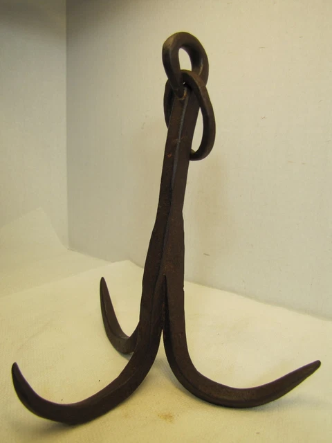Antique Wrought Iron Triple Hook Hanger Blacksmith Fireplace Hearth Barn Tool 10