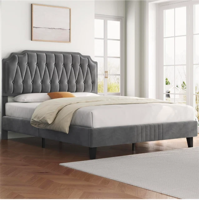 YAHEETECH 4FT6 DOUBLE Bed Frame Upholstered Platform Bed Dark Grey
