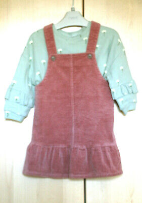 NEXT Girls Mid Pink Cord Pinafore Dress & Green Jumper Age 2-3 Years BNWT