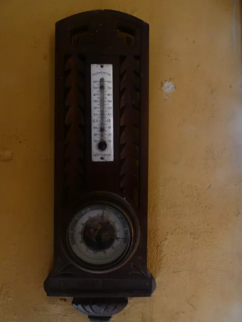 Thermomètre / Baromètre En Bois Sculpté Ancien