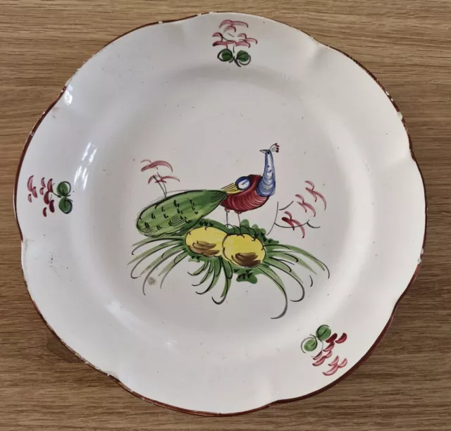 Ancienne Assiette Chantournee En Faience De L'est Decor Paon