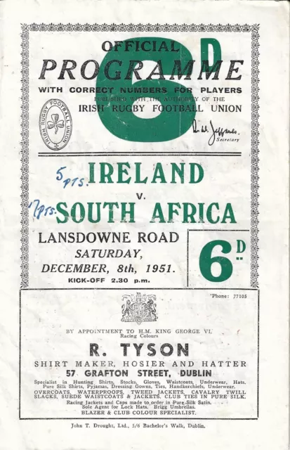 Ireland v South Africa 8 December 1951  Dublin RUGBY PROGRAMME