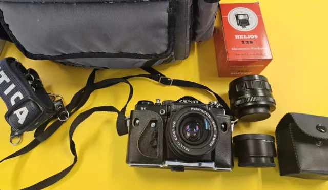 Zenit 11 35mm SLR Film Camera With Lenses, Pentagon Auto 2.8/29 Helios 2/58 ....