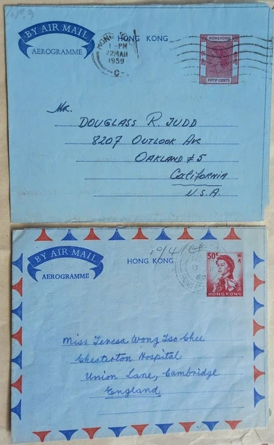 Hong Kong 1959 - 1969 Two Different Printing 50 Cents Aerogrammes To U.k. & U.s.