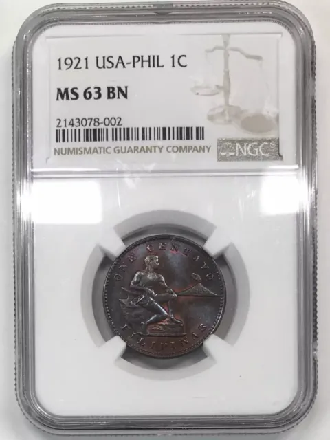 1921 US Philippines Bronze Centavo NGC MS-63 BN - Red/Purple Rainbow Toning