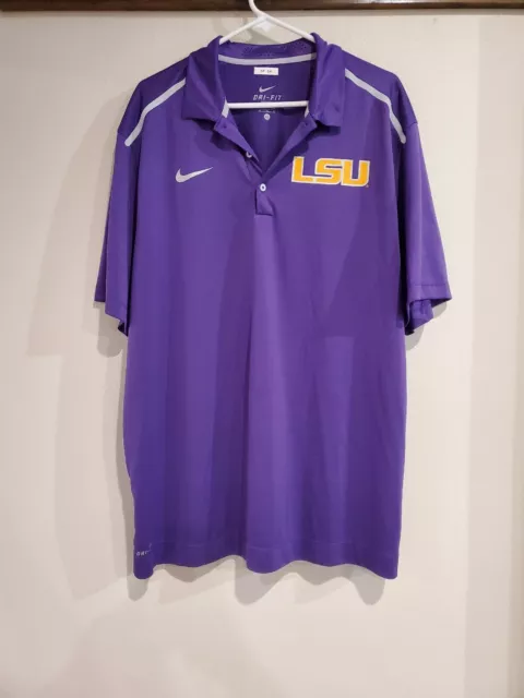 Nike LSU Tigers Polo Shirt Mens XL Purple Dri-Fit Short Sleeve NCAA Logo