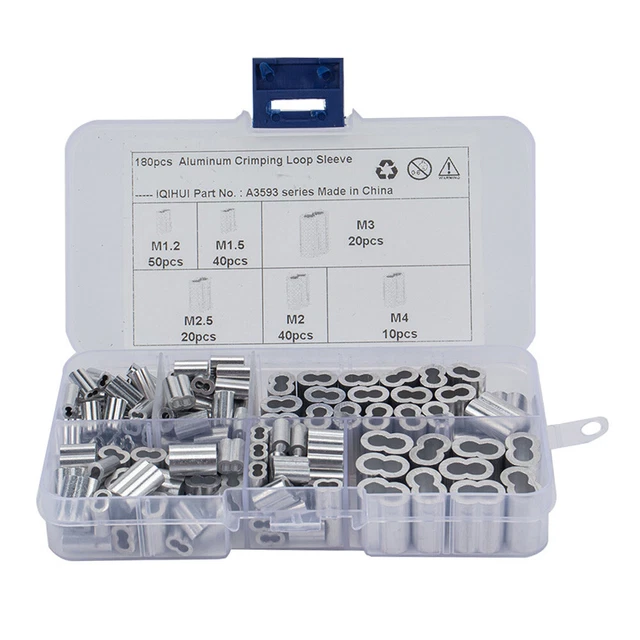 180pcs Double-Hole Aluminum Ferrules Crimps Sleeves Wire Rope Stops Clip Clamp