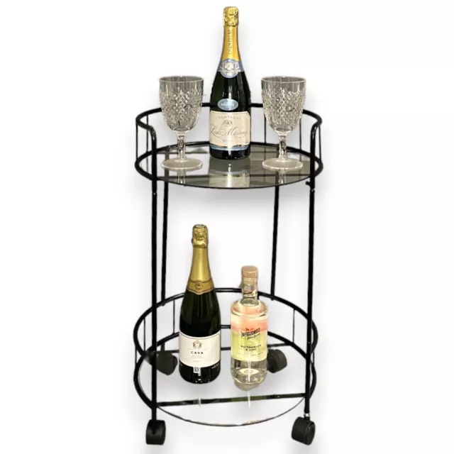 Stylish Black Drinks Trolley Two Glass Shelves Eye Catching Black With Castor