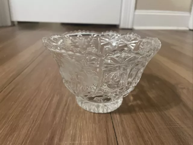 ANNA HUTTE BLEIKRYSTALL 24% Lead Crystal 4" Compote Frosted Flowers Bowl Germany