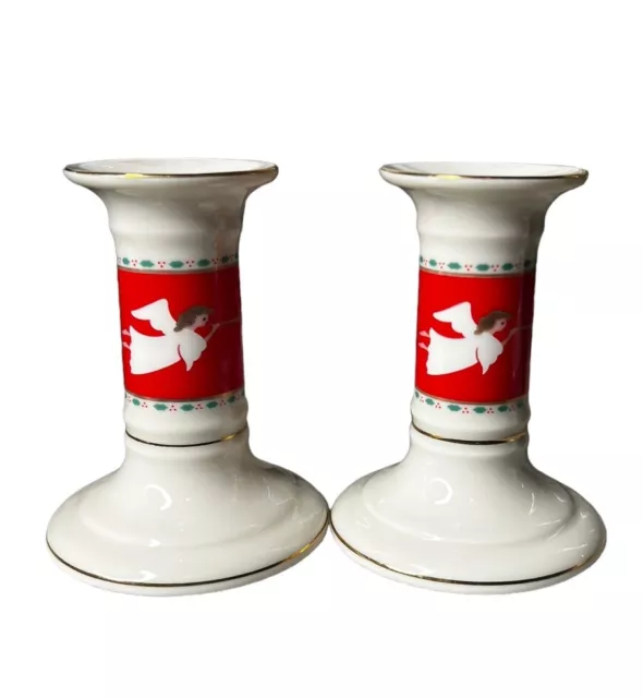 Pair of Christmas Candle Holders Red Stripe Flying Angel Snowflake Japan w/label