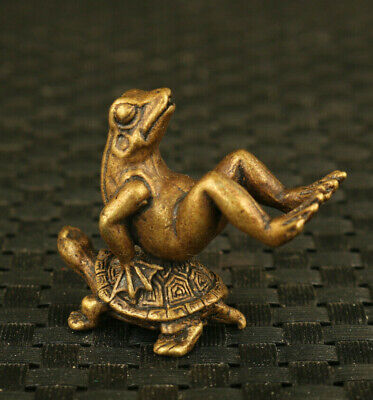 Chinese bronze hand cast frog on tortoise statue figure collectable tea pet