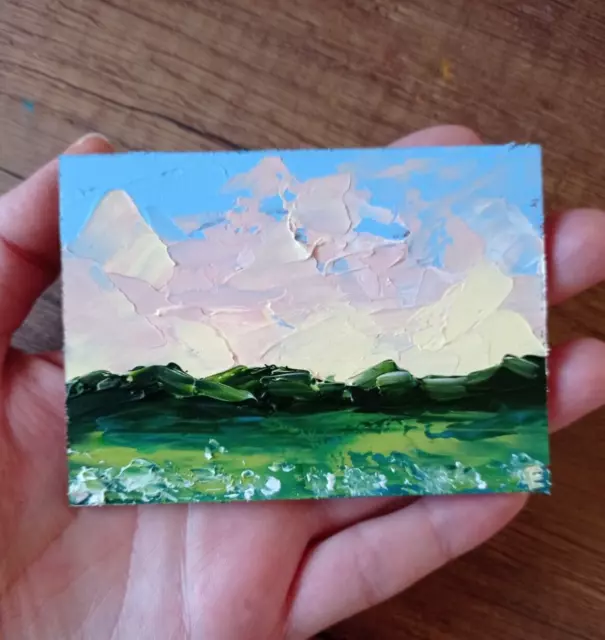 ACEO Painting Original Sky Sunset Field Landscape Oil Art tamaño 2.5 x 3.5...