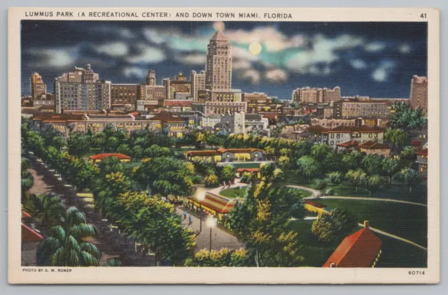 Miami Florida~Lummus Park~Recreation Center~Downtown At Night~Vintage Postcard