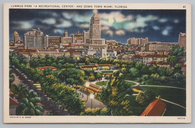 Miami Florida~Lummus Park~Recreation Center~Downtown At Night~Vintage Postcard