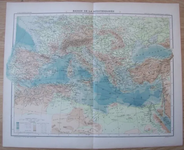Carte du bassin de la Méditerranée Gravure de 1896