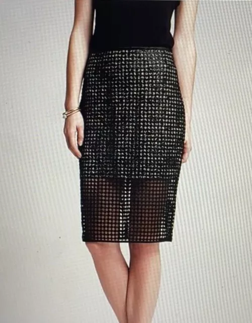 Banana Republic Sz 0 Coated Lace Cut See-Through Layered Pencil Skirt Black #C2