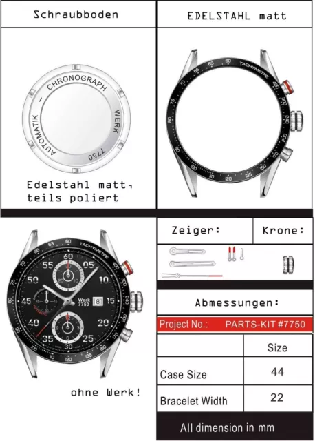 Neues Gehäuse in MATT für ETA/VALJOUX Automatik-Werk 7750 +Zifferblatt, Zeiger