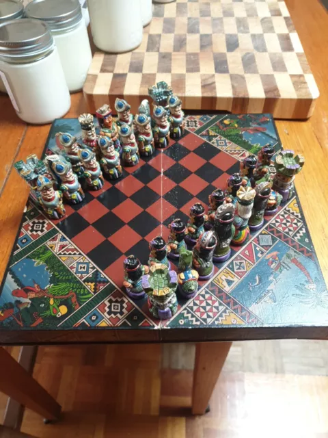 Vintage Chess Set -  Hand Painted Ceramic Aztecs V Conquistadors