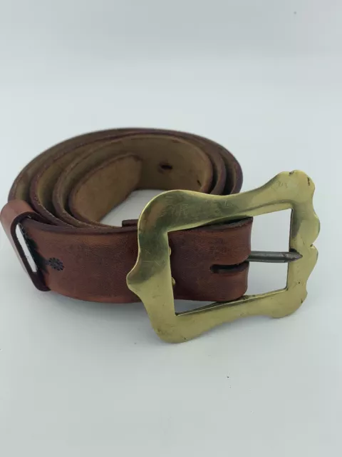 Vintage Brown Leather Belt Large Brass Buckle Western Line Dancing Hippy Boho