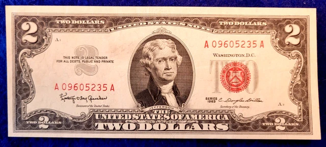 1963 $2 Dollar Bill Red Seal Note  Crisp Uncirculated