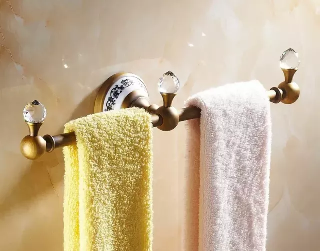 Antique Brass Bathroom Towel Rack Wall Mount Single Rail Towel Bar Crystal Hook