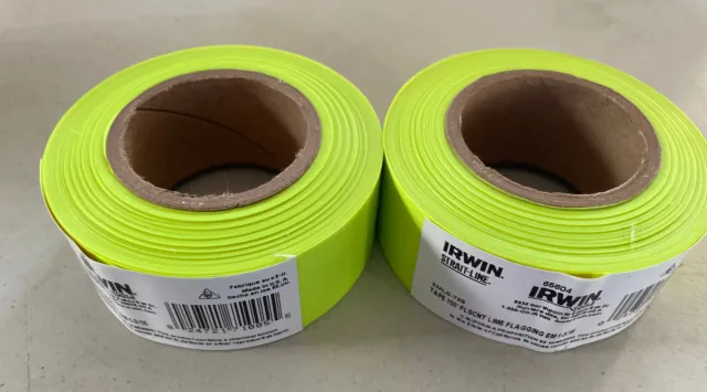 Lot Of 2 IRWIN 65604 Fluorescent Lime Flagging Marking Tape 150’ x 1-3/16”