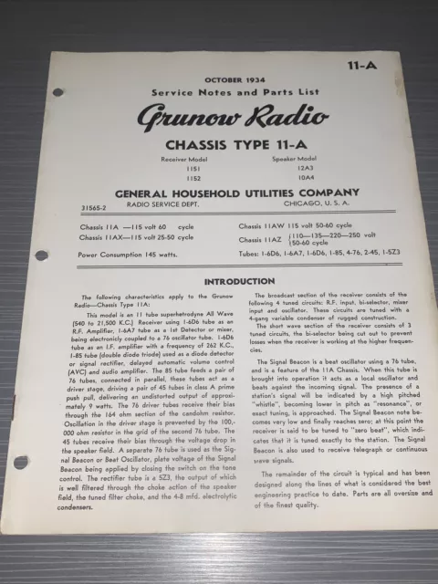 Grunow Radio Model 1151,1152 Service Data-schematics, Parts List.