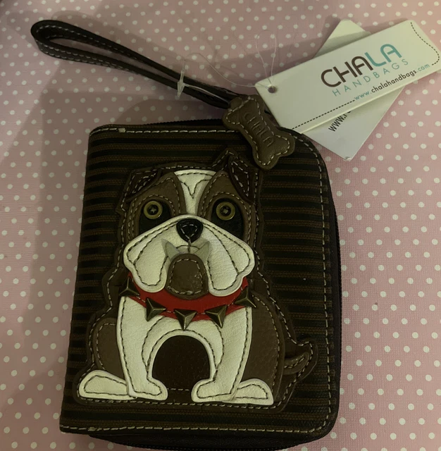 NWT CHALA BULLDOG BLACK BROWN ZIPPERED WALLET Wristlet FAUX LEATHER Dog Travel