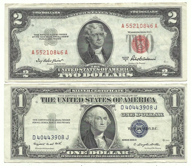1953A $2 RED! 1935G $1 *SILVER* 2 Notes! CHOICE VF! Old US Paper Money Currency!