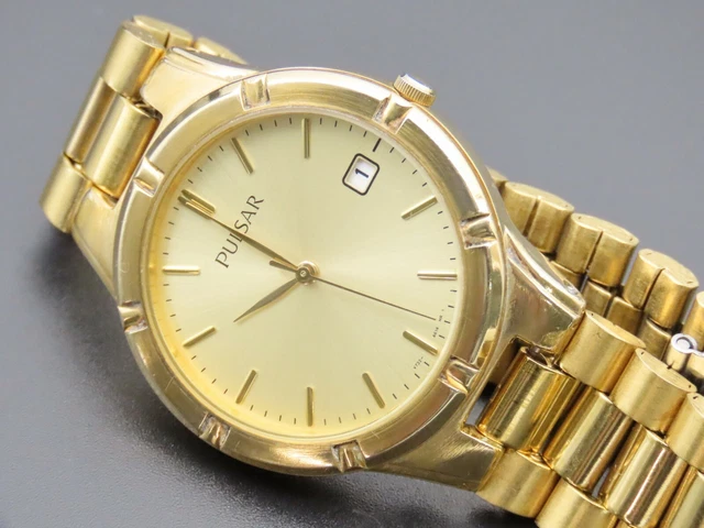 VINTAGE PULSAR GOLD Tone Mens Quartz Watch V732 X152 DATE 032663