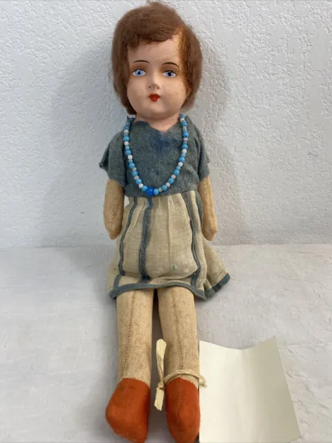 Antique German Papier Mache Doll 1920s Girl w Hand-Painted Face Cloth Body 17"
