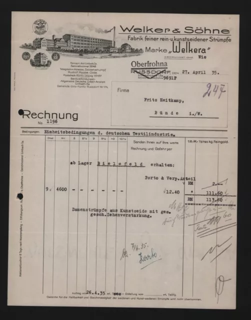 OBERFROHNA, Rechnung 1935, Welker & Söhne Fabrik feiner kunstseidener Strümpfe