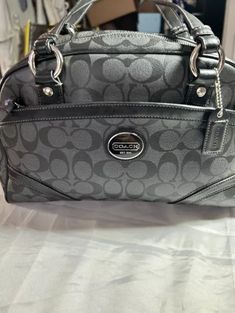 Coach Signature Monogram Canvas Patent Leather Trim Tote Handbag Gray Black