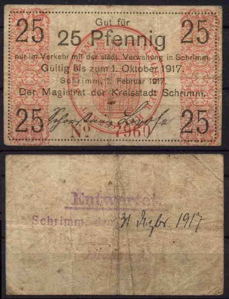 [14340] - NOTGELD SCHRIMM (heute: Śrem), Stadt, 25 Pf, 01.02.1917. Tieste 6695.0