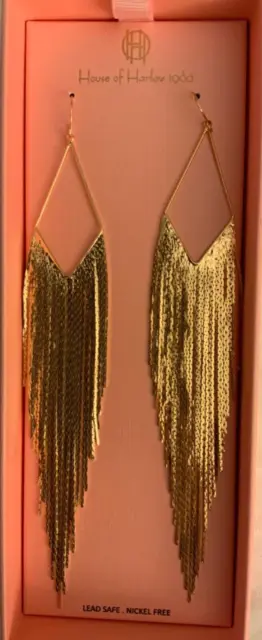 House of Harlow 1960 Revolve Gold Tone 6 Inch Fringe Dangle Drop Earrings NIB