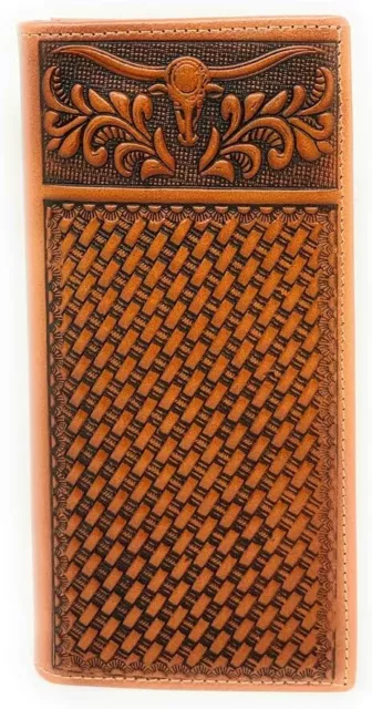Western Genuine Leather Basketweave Floral Tooled Longhorn Mens Long Bifold Wall 2
