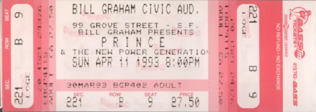 Prince 1993 Act I & Ii Tour Bill Graham Auditorium Unused Ticket / Nmt 2 Mint