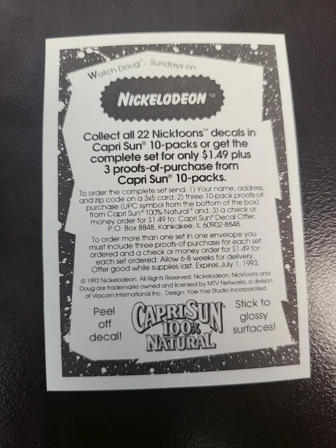 Doug Rocks Stinky 1992 CAPRI SUN Doug Stinky Nickelodeon Nicktoons DECAL Sticker card #21 ...